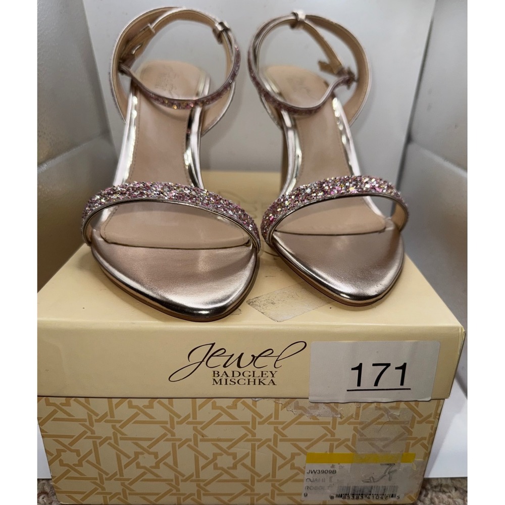 Jewel Badgley Mischka Ojai Rose Gold Glitter Ankle Strap Sandals Heels Size 9 - Picture 6 of 6